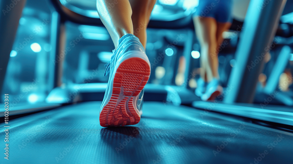 Close-up of legs and shoes running on a treadmill in a fitness club during a sports training session Close-up of legs and shoes running on a treadmill in a fitness club during a sports training session