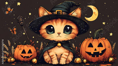 Cute Witch Cat Halloween Il...