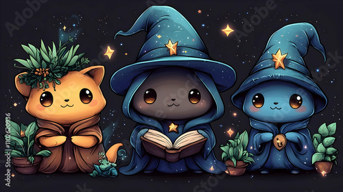 Adorable Wizard Cats Illust...