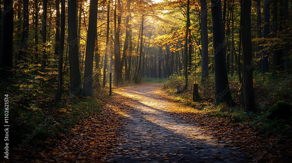 Fototapeta premium Autumn Forest Path Sunlight