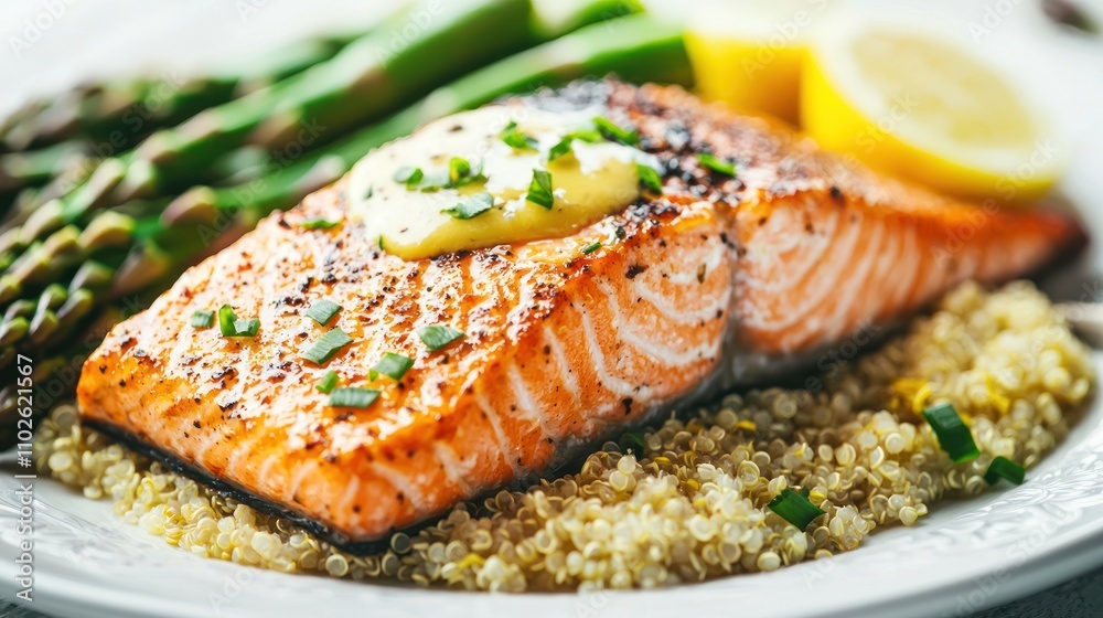 A fillet of salmon grilled to perfection, served with asparagus and a side of quinoa, drizzled with lemon butter sauce A fillet of salmon grilled to perfection, served with asparagus and a side of quinoa, drizzled with lemon butter sauce