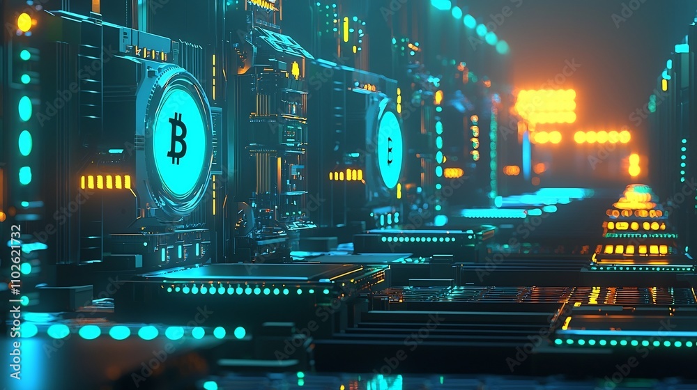 Fototapeta premium Futuristic Bitcoin Mining Farm with Glowing Crypto Rigs