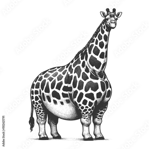 Fat overweight chubby body positive giraffe with exaggerated features, blending humor and classic artistic detail sketch engraving generative ai vector illustration. Scratch board. Black and white.