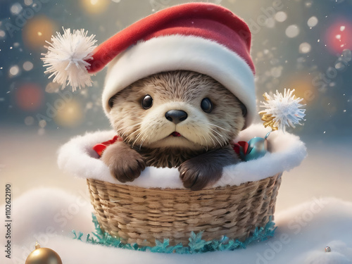 A baby sea otter wearing a tiny Santa hat, floating on its back in a small basket filled with snowflakes and Christmas decorations. photo