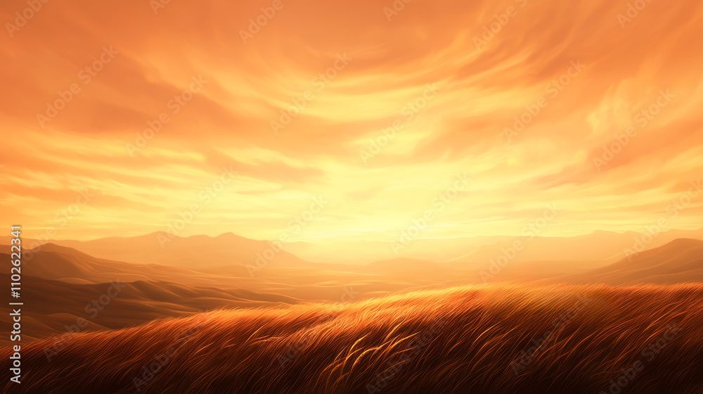A serene sunset over rolling hills, casting warm golden hues across the landscape.