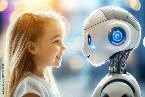 A girl is smiling at a robot