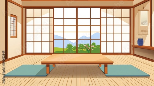 Serene Japanese Tea Room with Sliding Shoji Panels and Minimalist Decor