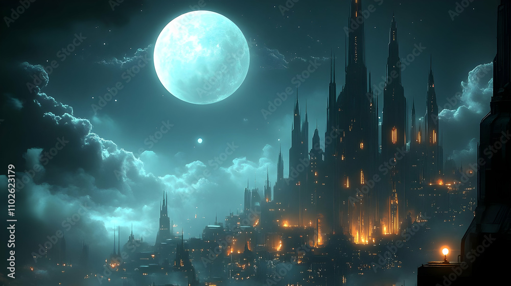 Fantasy Cityscape Illustration: Night Towers and Moon Fantasy Cityscape Illustration: Night Towers and Moon