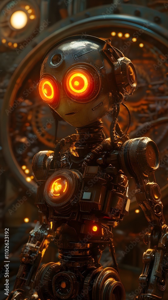 Fototapeta premium Futuristic robot with glowing eyes in industrial setting.