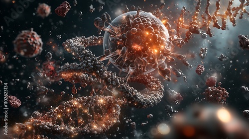 Viral Infection: 3D Render of a Virus Attacking DNA in a Cellular Environment AI Generated