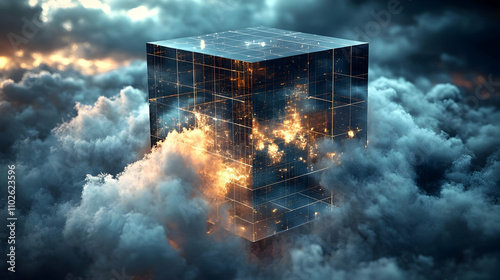Glowing Cube in Clouds 3D R...