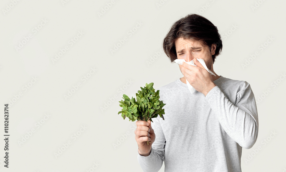 Portrait of unhealthy man with napkin blowing nose, looks to source of allergy Portrait of unhealthy man with napkin blowing nose, looks to source of allergy
