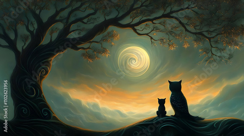 Whimsical Owl and Kitten Il...