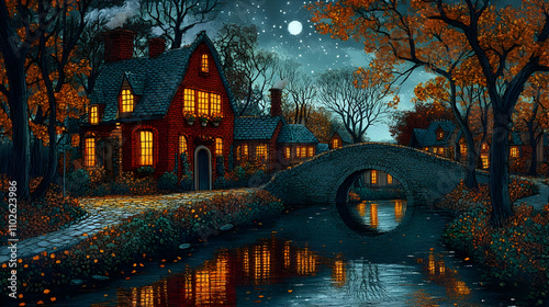 Autumn Evening Village Illu...