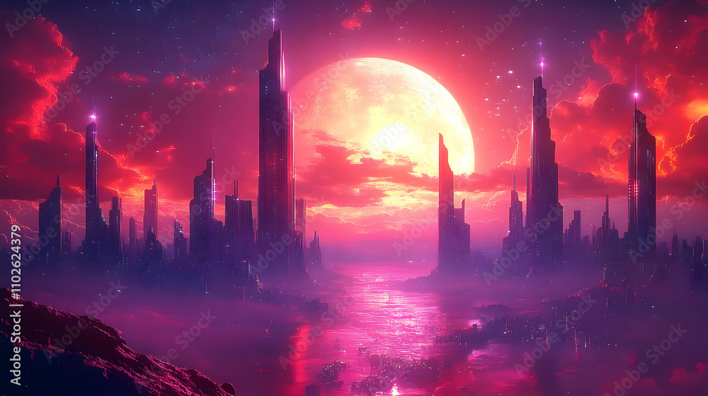 Fototapeta premium Futuristic Cityscape Illustration: Red Moon, Skyscrapers