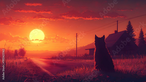 Sunset Road Dog Illustration