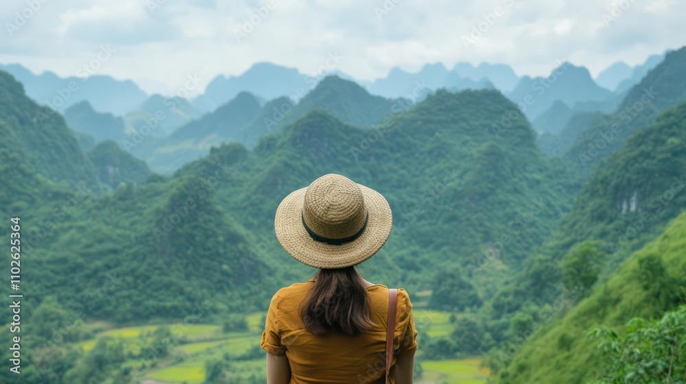 A sightseer admiring nature, set against a vibrant green environment for relaxation