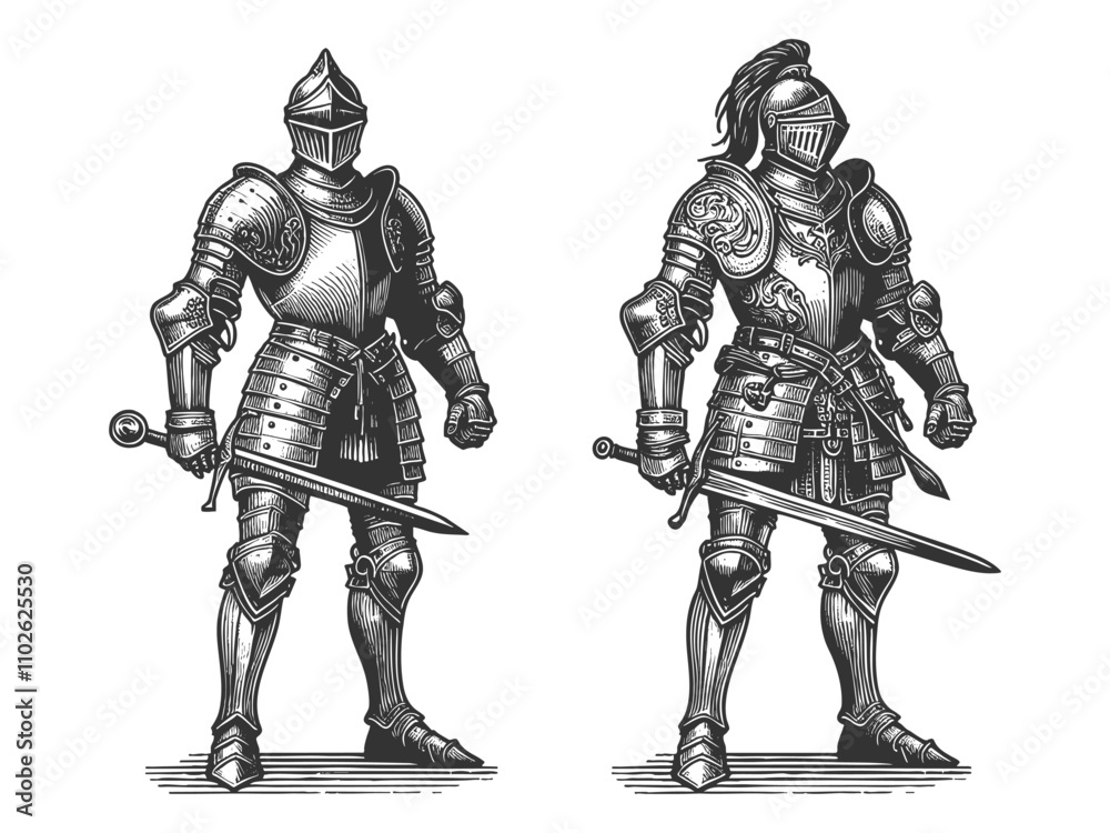 medieval knight in full plate armor, classic armor design with lion emblems sketch engraving generative ai fictional character vector illustration. Scratch board imitation. Black and white image.