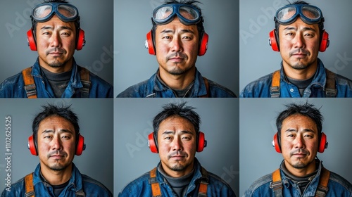 A six-panel photo collage of a male worker, short black hair, wearing protective goggles and red earmuffs. Wearing a blue work uniform with overalls. photo