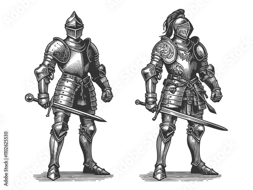 medieval knight in full plate armor, classic armor design with lion emblems sketch engraving generative ai fictional character vector illustration. Scratch board imitation. Black and white image.