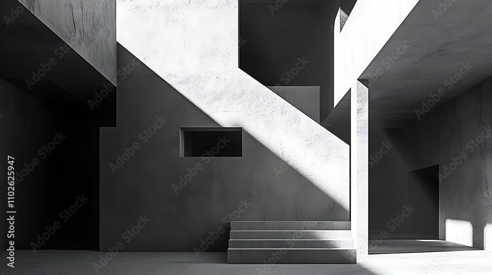 Fototapeta premium Abstract grayscale architectural rendering of a minimalist concrete interior with stairs and shadows.