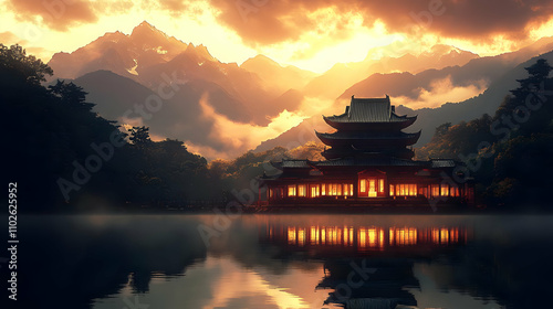 Serene Sunset Temple Illust...