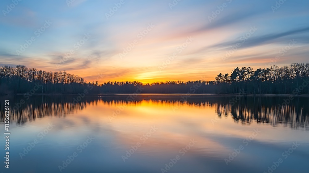Obraz premium Sunset over calm lake with tree reflection