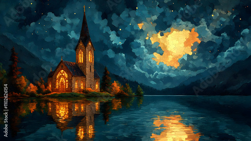Night Church Lakeside Painting