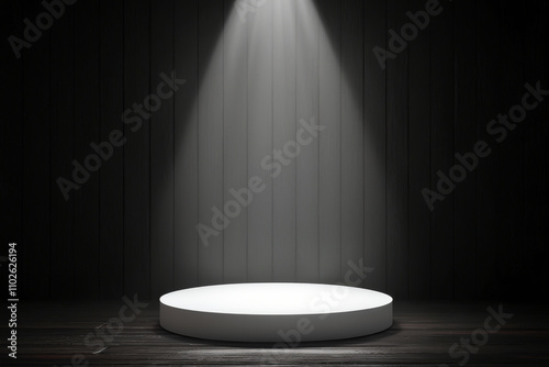 An empty podium illuminated by a single spotlight creating a dramatic effect.