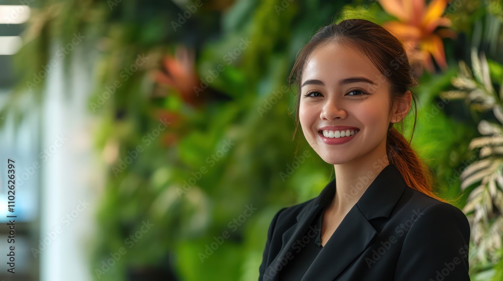 A smiling receptionist providing guidance, set on a vibrant green environment for professionalism A smiling receptionist providing guidance, set on a vibrant green environment for professionalism
