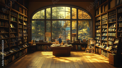 Sunlit Bookstore Illustrati...