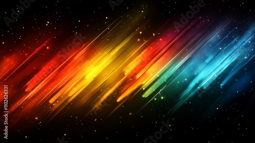 Abstract Colorful Diagonal Light Streaks Background with Glowing Particles.