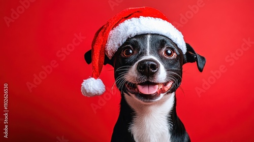 Joyful dog wearing a festive Santa hat against a vibrant colorful background during the holiday season