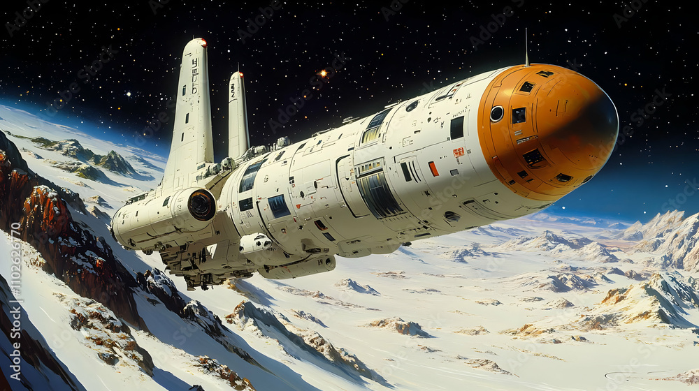 Spaceship over Snowy Mountains Illustration Spaceship over Snowy Mountains Illustration