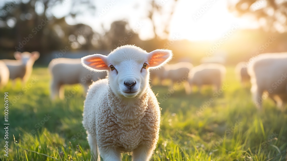 Fototapeta premium Lamb in pasture at sunset. Farm animal, spring, nature.