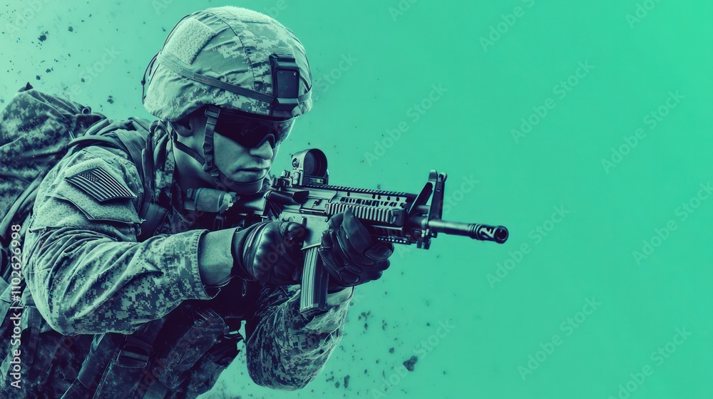 A soldier with gear in action, set on a vibrant green background representing courage A soldier with gear in action, set on a vibrant green background representing courage