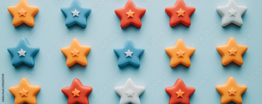 Colorful star-shaped candies arranged neatly on a blue background, inviting and cheerful. Colorful star-shaped candies arranged neatly on a blue background, inviting and cheerful.