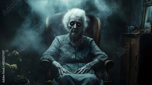 Eerie Granny in a Smoky Room - Dark Fantasy Illustration