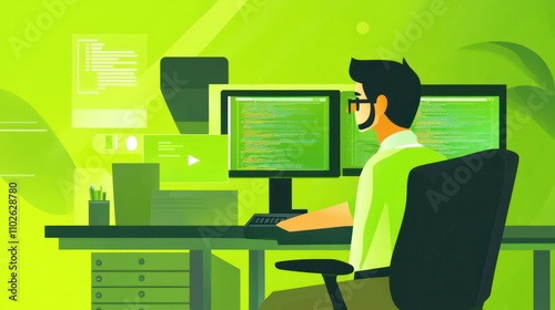 A system administrator monitoring servers, with a bold green background symbolizing stability