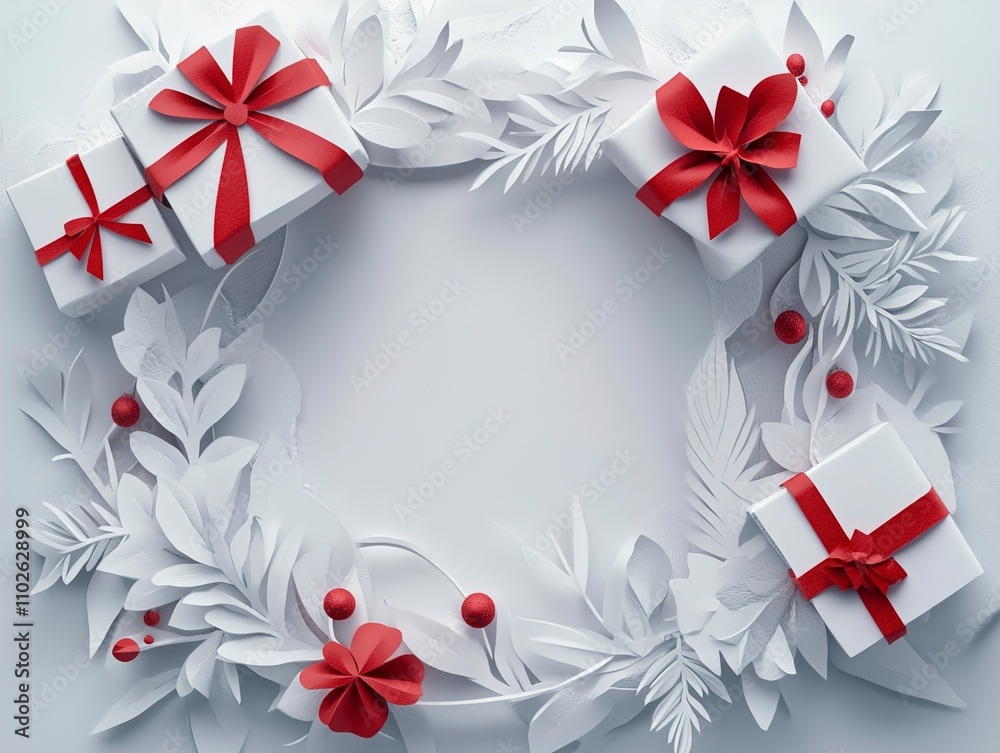 Festive Papercut Wreath with Red and White Gift Boxes