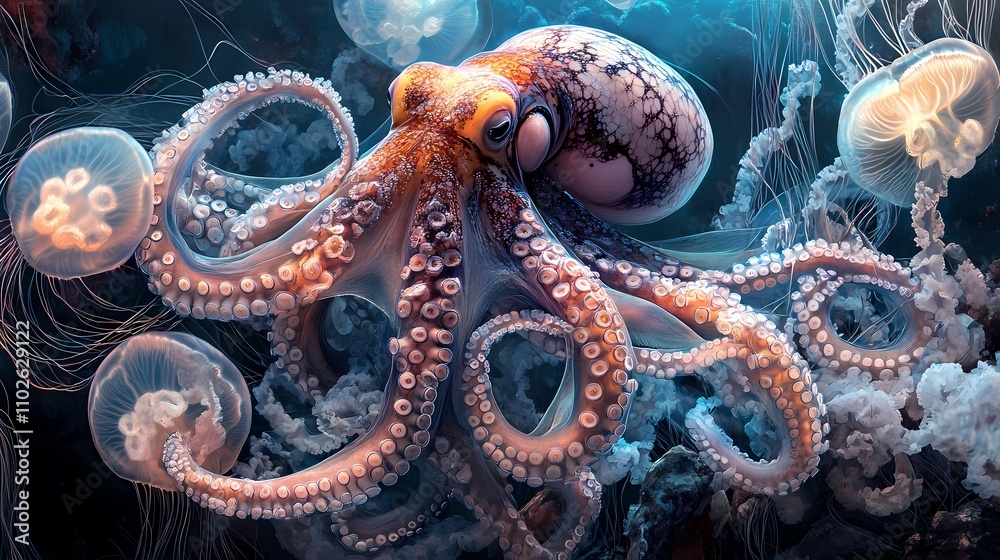Obraz premium Vibrant Octopus Swimming Gracefully Among Luminescent Jellyfish in a Deep Ocean Environment, Showcasing Colorful Textures and Intricate Patterns in a Magical Underwater Scene