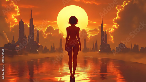 Sunset Silhouette Woman Fut...