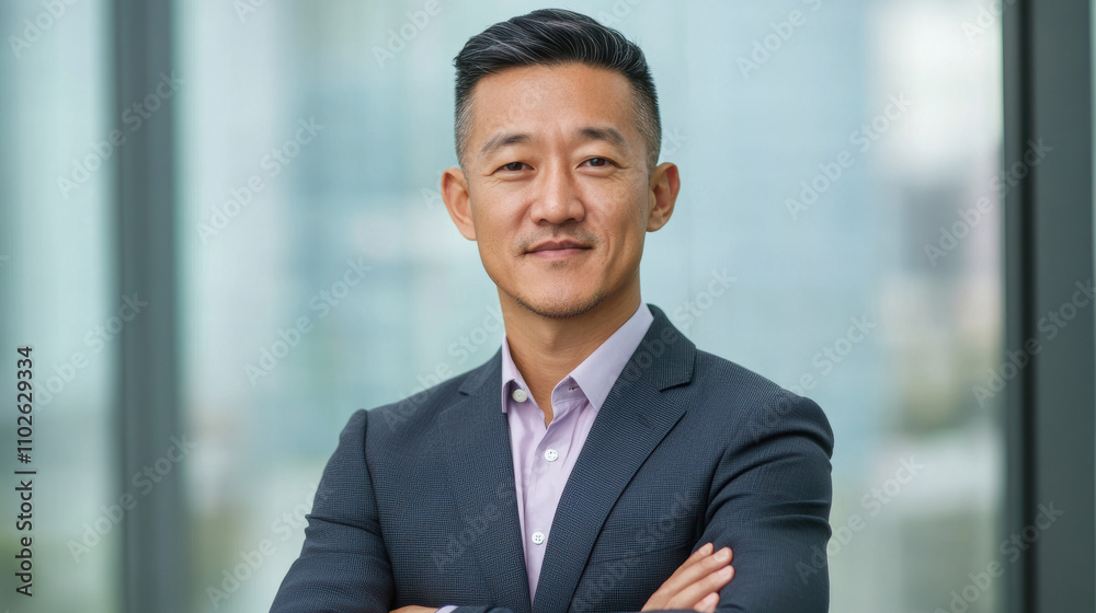 A confident professional male in a suit poses with arms crossed, set against a modern office background. A confident professional male in a suit poses with arms crossed, set against a modern office background.