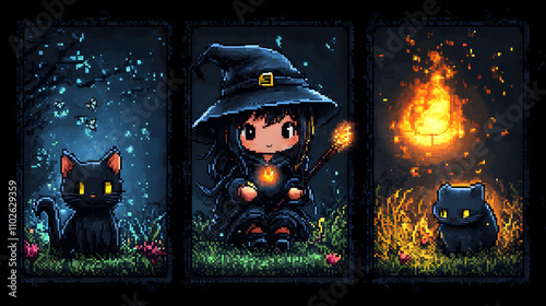 Pixel Art Witch and Cats Il...