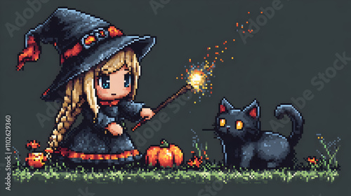 Pixel Art Witch and Cat Ill...