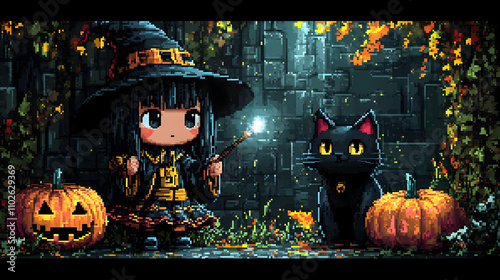 Pixel Art Witch and Black C...