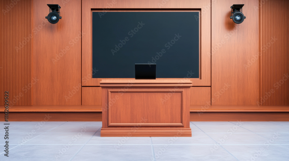 Modern courtroom interior featuring wooden elements and a large screen for presentations.