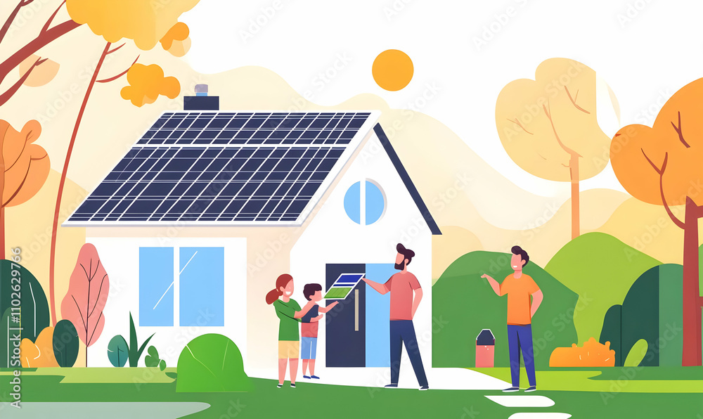 A family discusses solar panels outside their eco-friendly home. A family discusses solar panels outside their eco-friendly home.