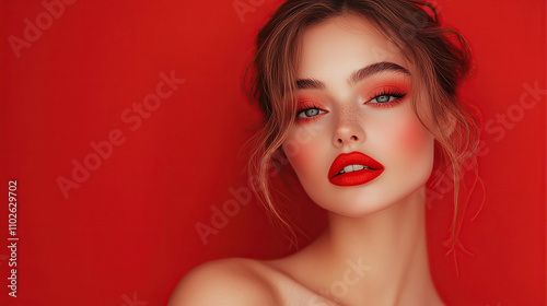 Beautiful girl with red lips and elegant makeup against the backdrop of a solid red color