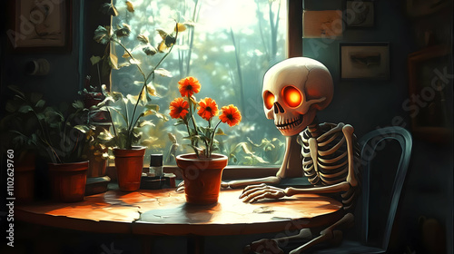 Skeleton at Windowsill Illu...